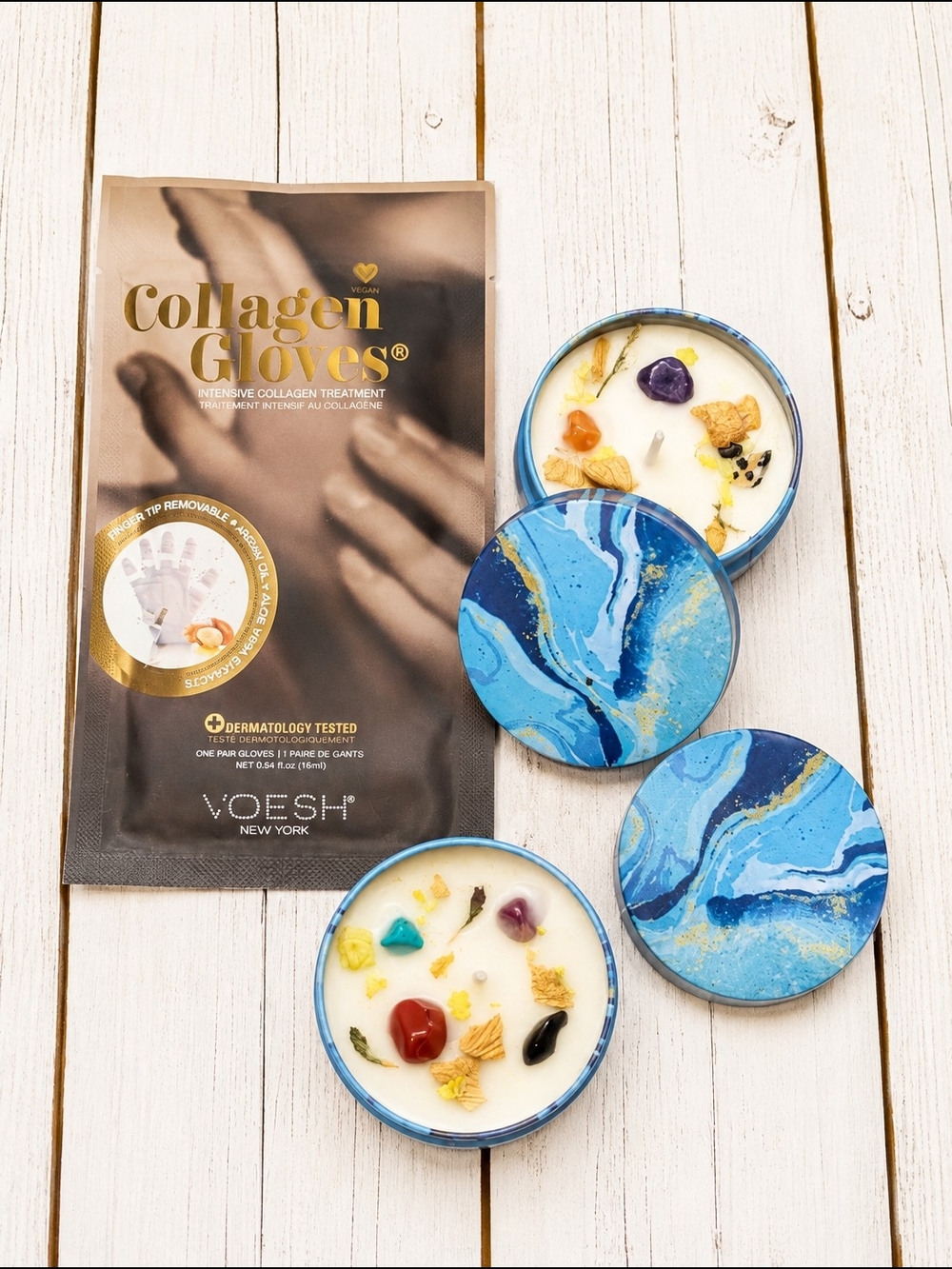 Collagen Gloves & Soy Candle Set With Polished Natural Stones And Crystals